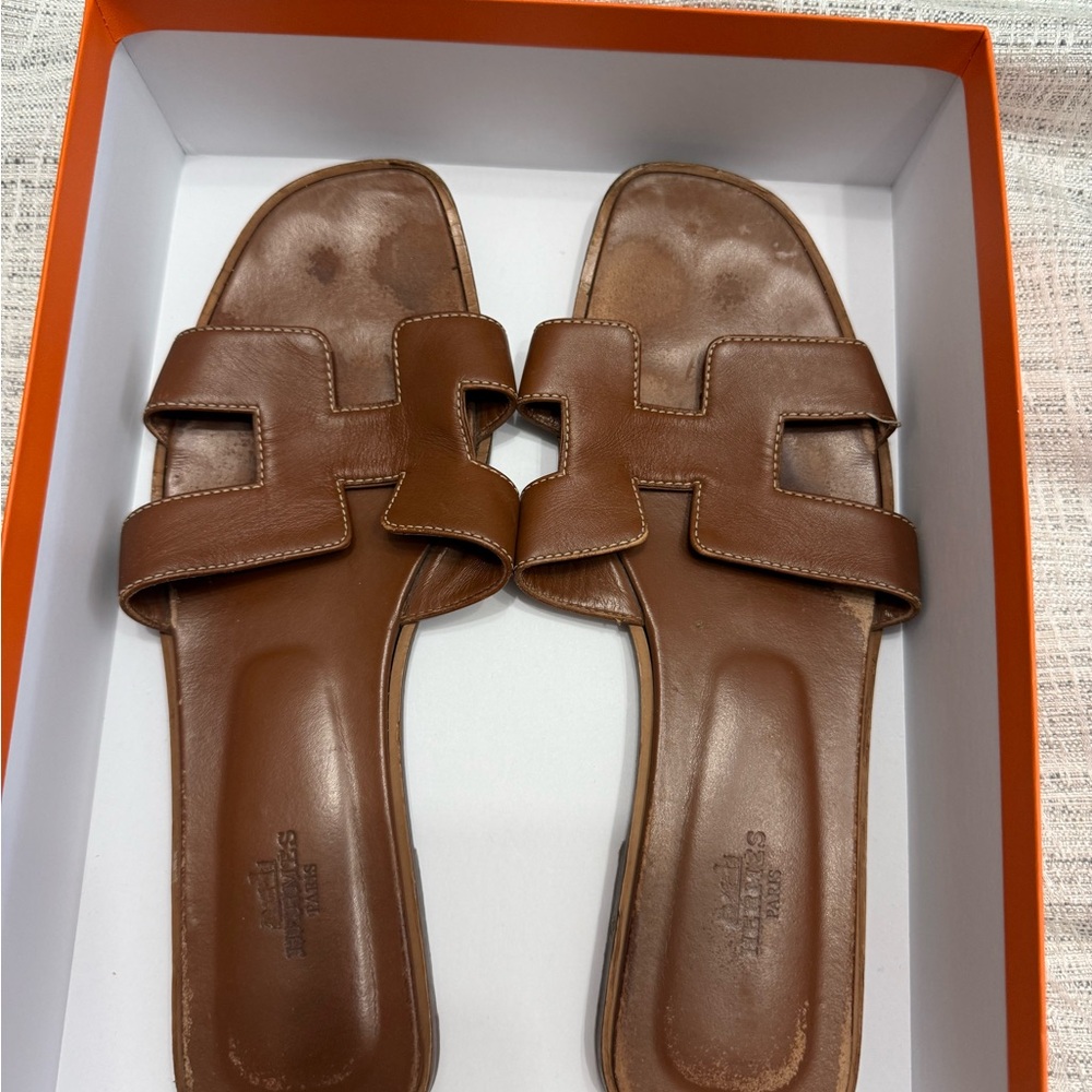 Hermes Tan Leather Slide Sandals